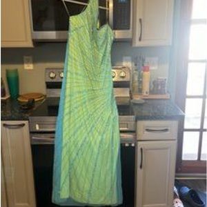 One shoulder beaded prom dress green and blue